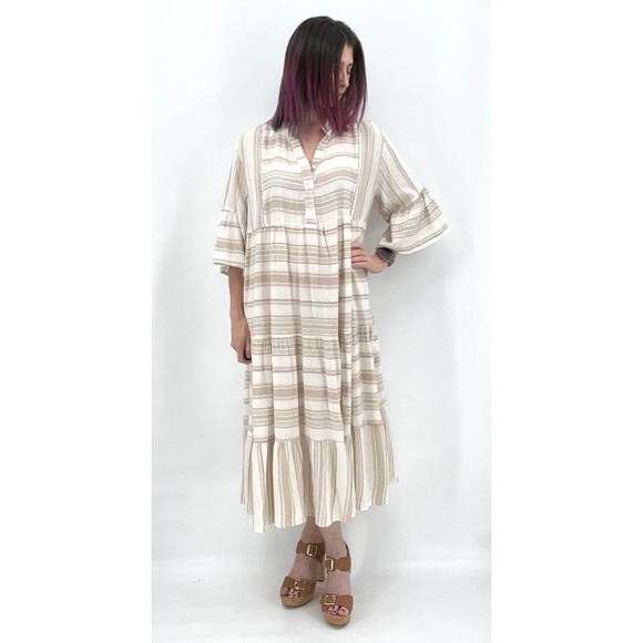 NT by Amati Dresses & Skirts - Boho Dress Woven pattern Stripe Tiered White Tan OS NWT